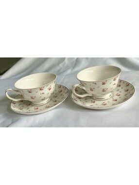 2 Grace’s Teaware Pink Rose Teacup & Saucer Set Gold Trim Grandma Cottagecore